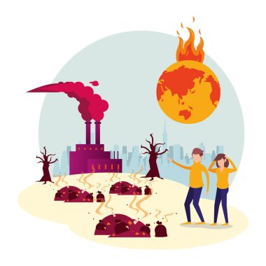 global warming alert with people and melting planet