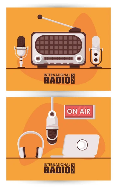 International radio day poster with retro aparatus and laptop — ストックベクタ