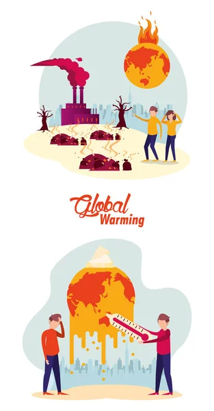 Global warming alert with people and scenes — Stock Vector