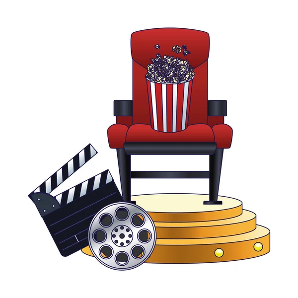 Chaise de théâtre avec seau de maïs pop et clapboard, design coloré — Image vectorielle