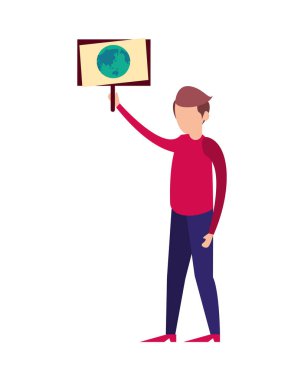 Dünya gezegeninin etiket karakterini protesto eden genç adam.