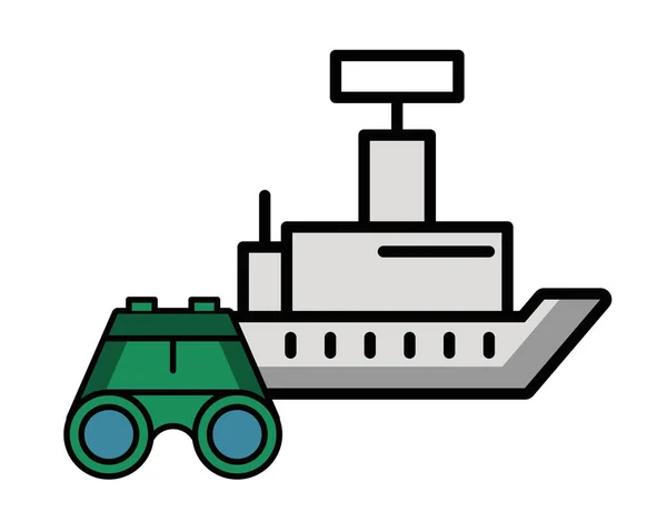 Binoculares fuerza militar con buque — Vector de stock