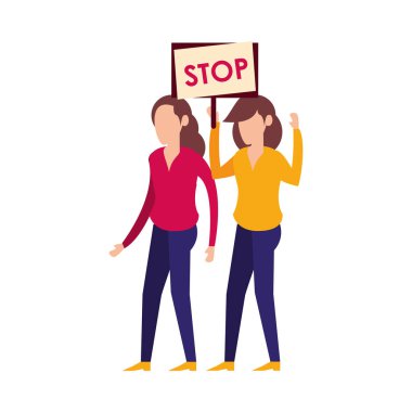 young women protesting with stop label characters