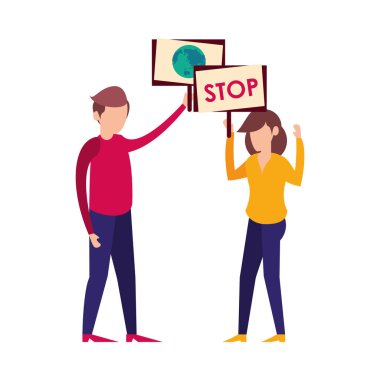 young couple protesting with earth planet in label characters