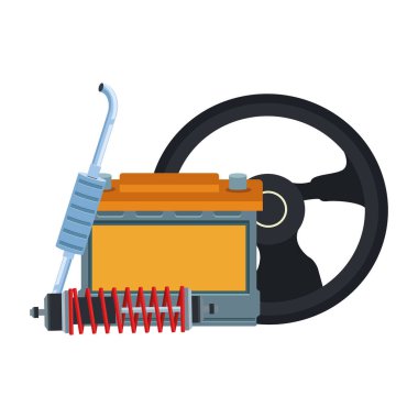 Direksiyon, araba aküsü ve parçaları.