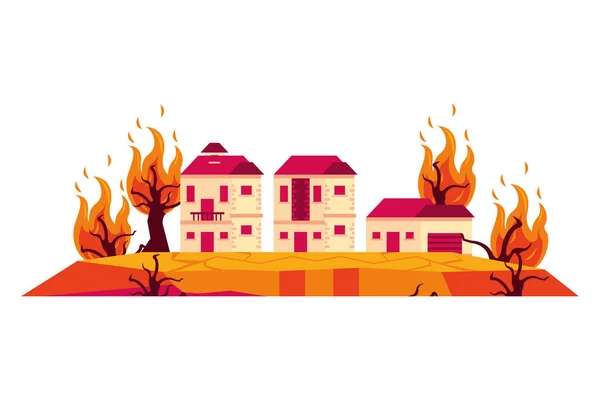 Casas en bosque de fuego seco escenario de calentamiento global — Vector de stock