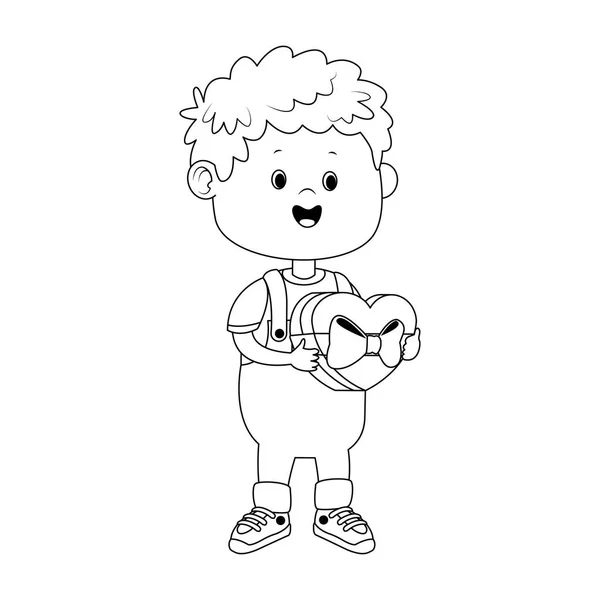 Kreslený chlapec s čokoládovou krabičkou na srdce, plochý design — Stockový vektor