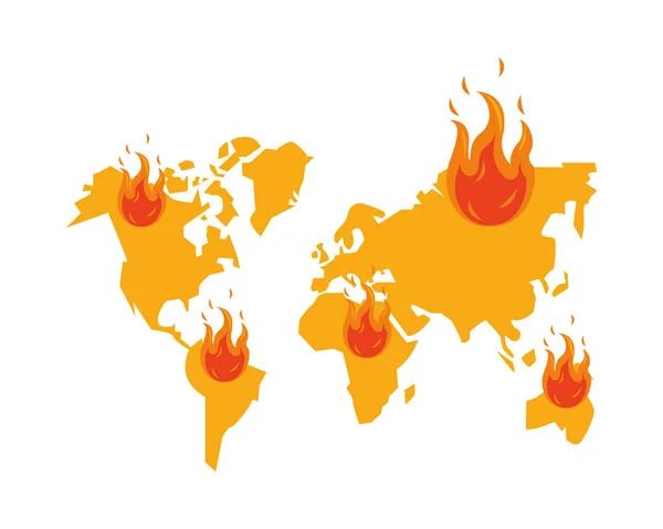 Παγκόσμιος πλανήτης γήινοι χάρτες με φλόγα φωτιάς — Διανυσματικό Αρχείο