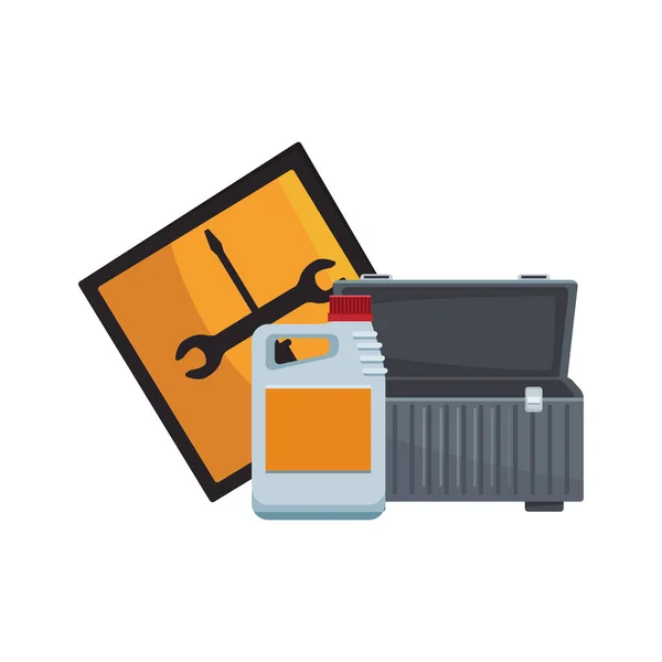 Signo de herramientas de reparación con caja de herramientas vacías y botella de aceite coche — Vector de stock