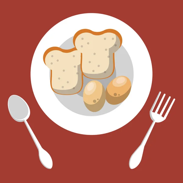 Teller und Bestecke mit Brot und Eiern — Stockvektor