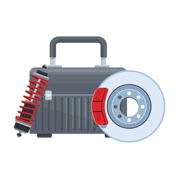 Caja de herramientas con disco de freno de coche y amortiguador — Vector de stock