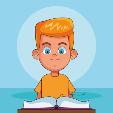 cartoon blonde boy with opened book, colorful design