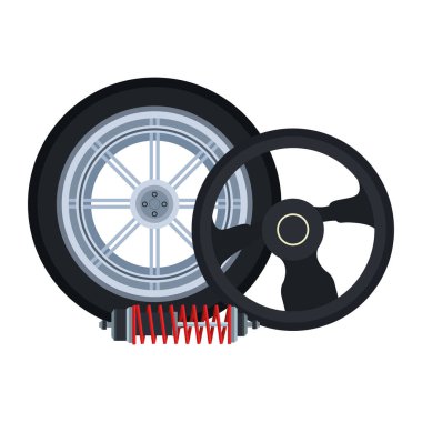 Direksiyon simidi ve şok emicili araba lastiği.