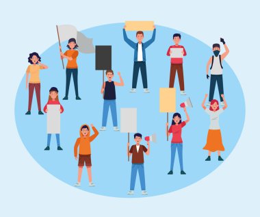 group of protesting people with banners and megaphone