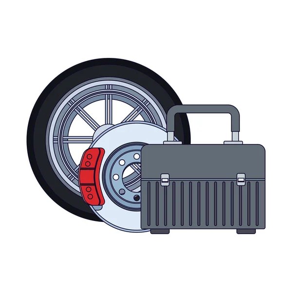 Pneumatico auto con disco freno e cassetta degli attrezzi — Vettoriale Stock