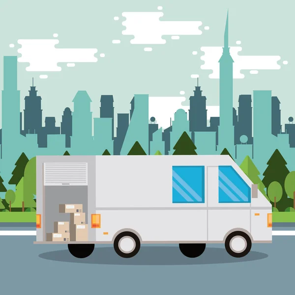 Servicio de entrega de furgonetas en la ciudad — Vector de stock