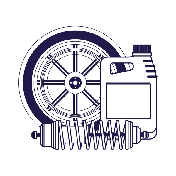 Pneu de carro com garrafa de óleo e amortecedor, design plano — Vetor de Stock