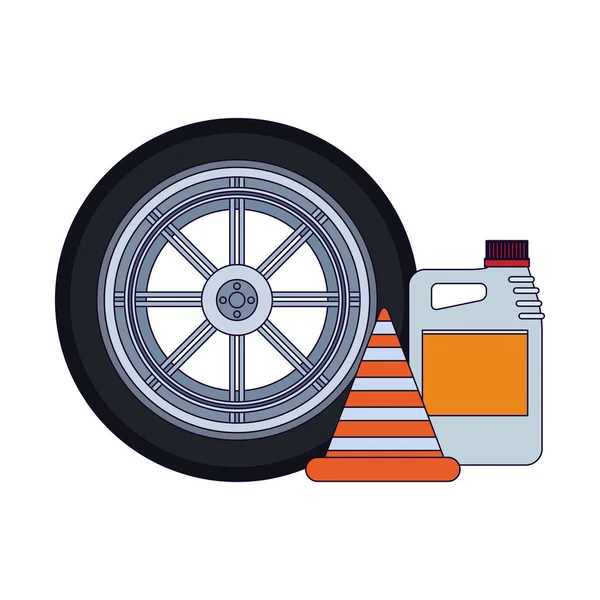 Car tire with traffic cone and oil bottle — Stock vektor