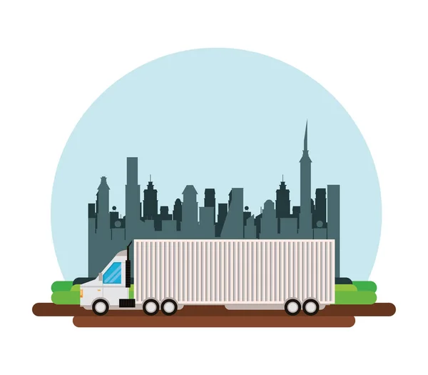 Servicio de entrega de camiones en la escena de la ciudad — Vector de stock