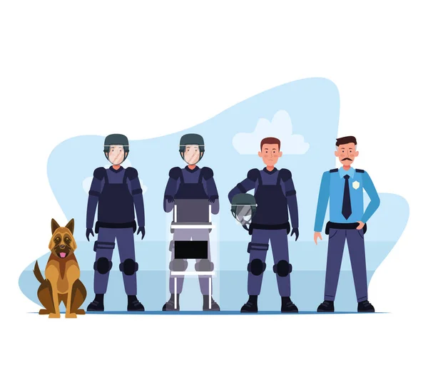 Riot police squad and dog characters — 图库矢量图片