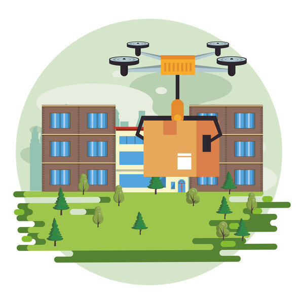 Технология беспилотников, летающих с коробкой на город
