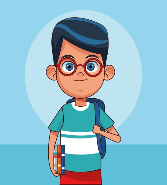 Desenho animado bonito menino de pé com escola mochila e livros — Vetor de Stock