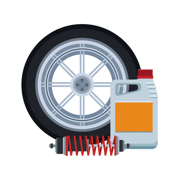 Auto pneumatiky s lahví oleje a tlumič nárazů, barevný design — Stockový vektor