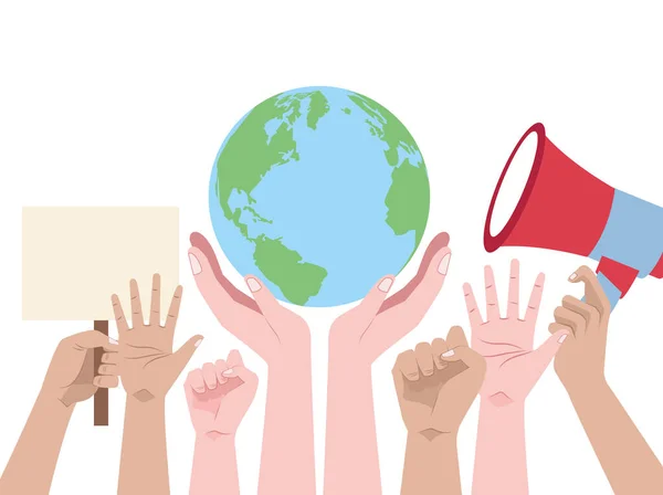 Handen menselijk omhoog protesteren met de wereld planeet en megafoon — Stockvector