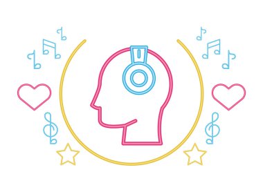 human profile head with earphones neon lights