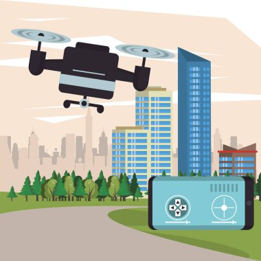drone technology flying on the city