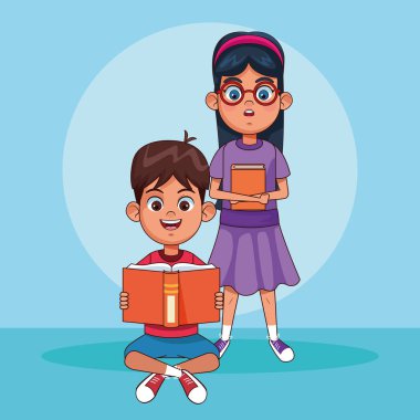 Çizgi filmci çocuk elinde kitap ve ayakta duran bir kızla oturuyor. Renkli bir tasarım.