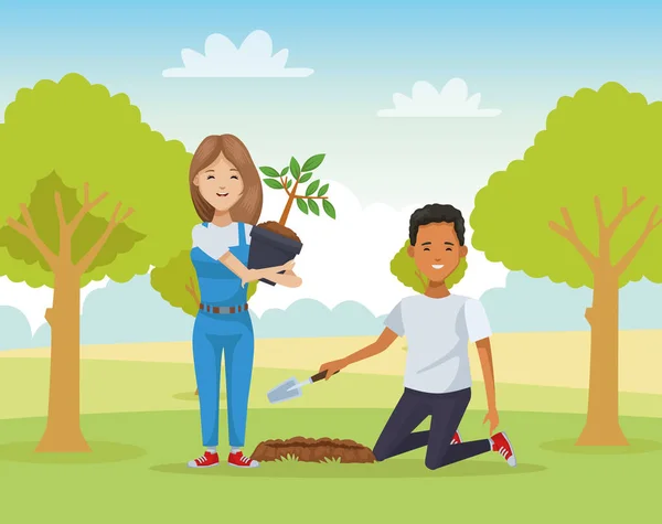 Couple planting in the camp — Stok Vektör