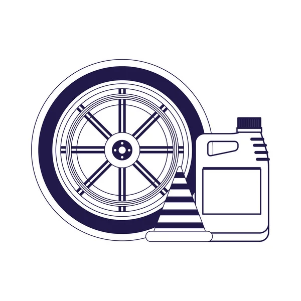 Neumático de coche con cono de tráfico y botella de aceite, diseño plano — Vector de stock