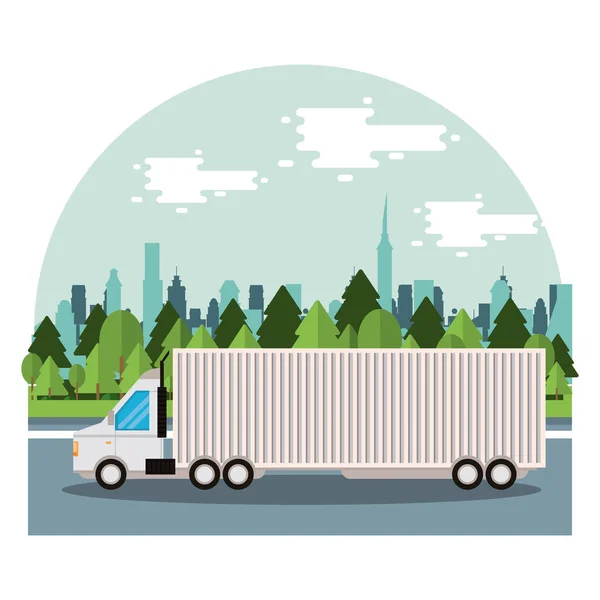 Servicio de entrega de camiones en la escena de la ciudad — Vector de stock
