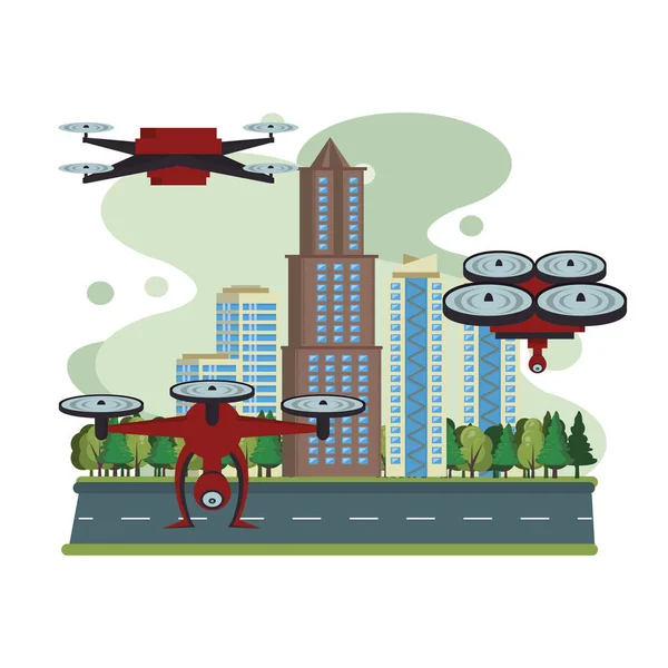 Drón technológia repül a város — Stock Vector