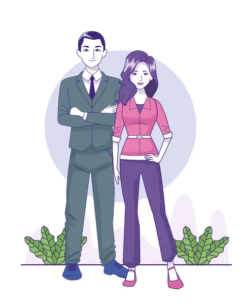 Tecknad affärsman och kvinna stående — Stock vektor