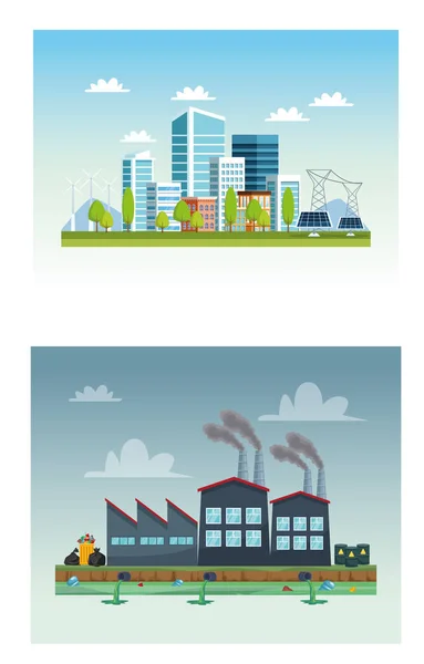 Ecologia cidade e indústria cenas de poluição —  Vetores de Stock