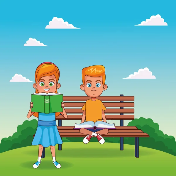 Zeichentrickmädchen liest ein Buch und ein blonder Junge sitzt auf einer Bank — Stockvektor