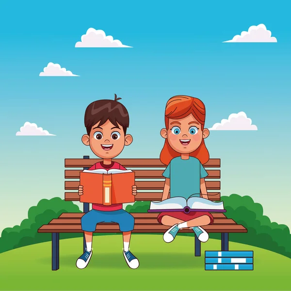 Καρτούν αγόρι και κορίτσι κάθεται σε ένα παγκάκι πάρκο, πολύχρωμο σχεδιασμό — Διανυσματικό Αρχείο
