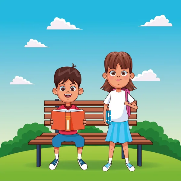 Kreslený chlapec čtení knihy sedí na lavičce a dívka stojící se školním batohem — Stockový vektor