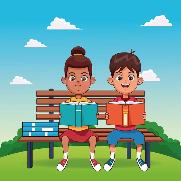 Cartoon Mädchen und Junge lesen Bücher sitzen auf einer Bank — Stockvektor