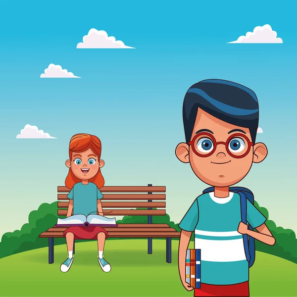 Zeichentrickmädchen auf einer Bank sitzend und Junge stehend — Stockvektor