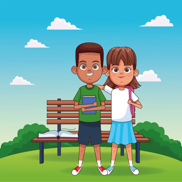 Dessin animé fille heureuse et garçon debout sur le banc du parc et fond de paysage — Image vectorielle