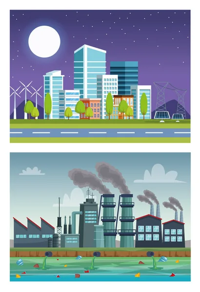 Сцены загрязнения окружающей среды города и промышленности — стоковый вектор