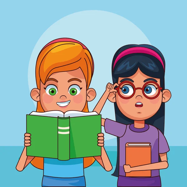 Cartoon glückliche Mädchen mit Büchern, buntem Design — Stockvektor