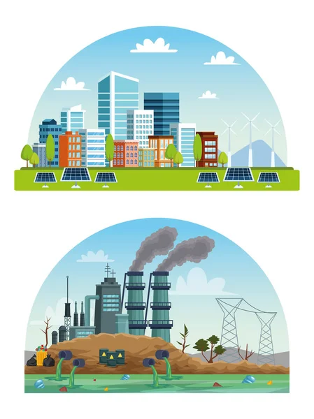 Ecology city and industry pollution scenes — Stock Vector