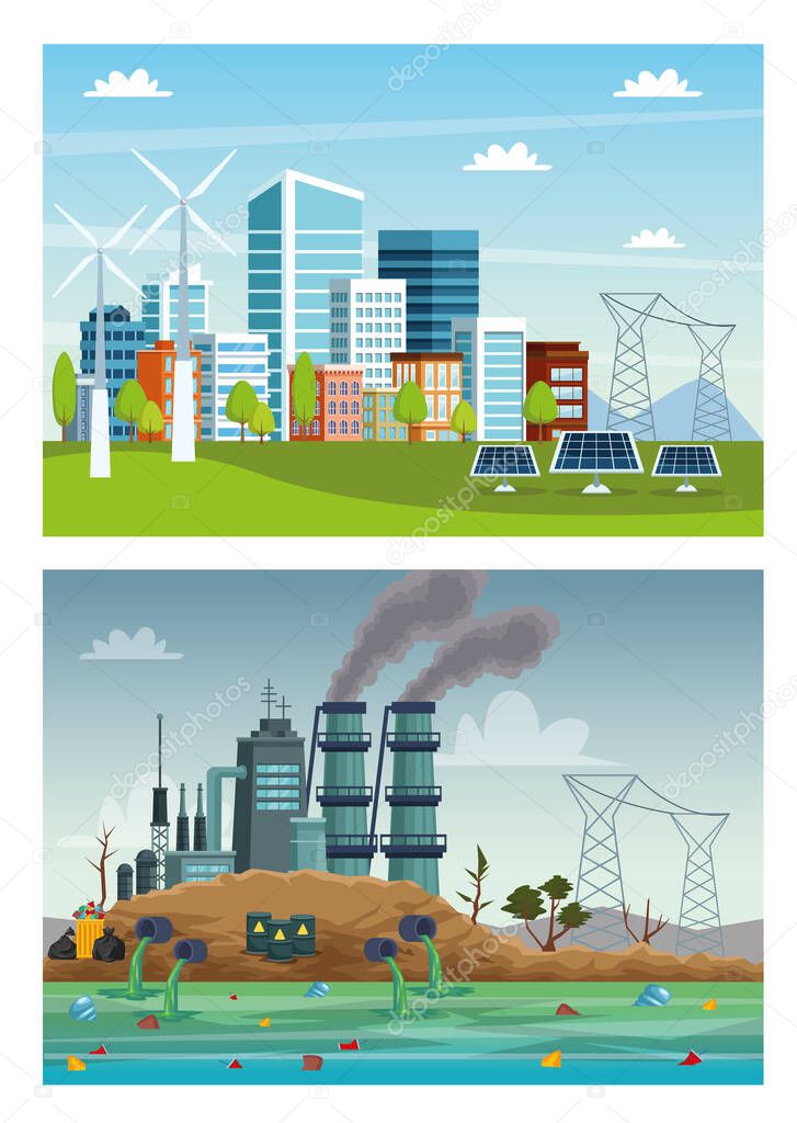 ecology city and industry pollution scenes