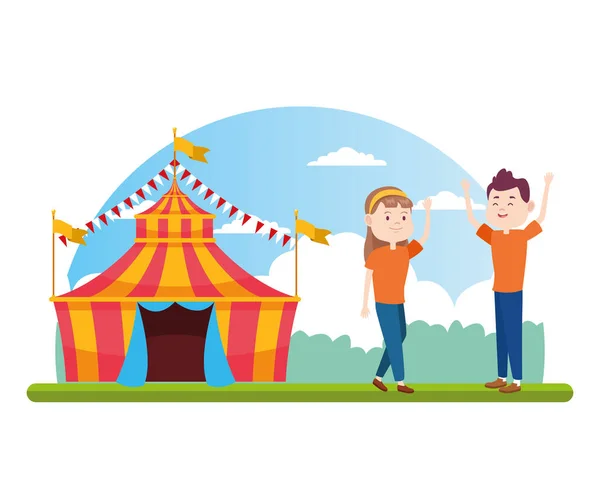 Fair tent and happy couple standing, colorful design — Stock Vector