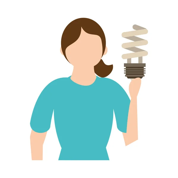 Vrouw tillen economie lamp licht spiraal pictogram — Stockvector