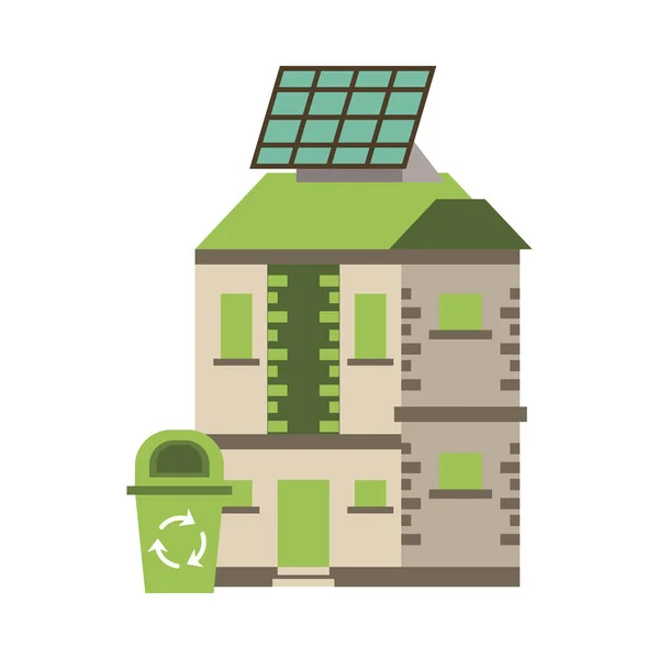 Casa con pannello solare e bidone dei rifiuti — Vettoriale Stock